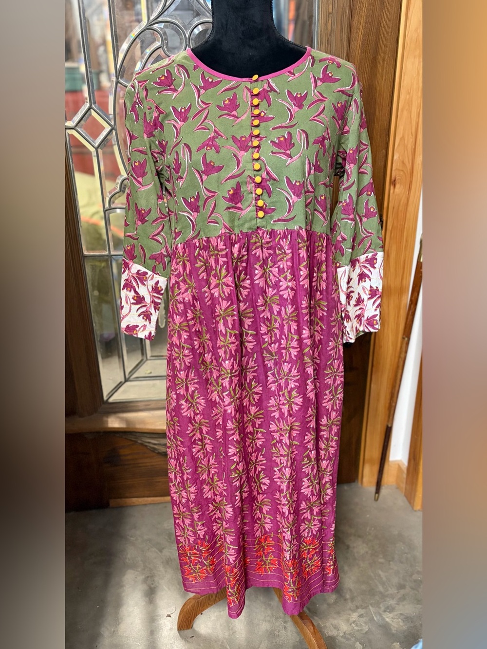 Gudrun Sjoden Bohemian Floral Button-Front Maxi Dress in Olive & Magenta.
